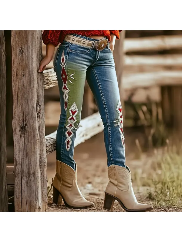 Western Vintage Style Faux Denim Aztec Print Women's Casual Pants - Ootdmw.com 