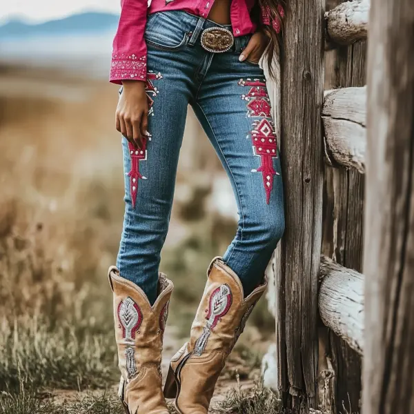 Western Vintage Style Faux Denim Aztec Print Women's Casual Pants - Ootdyouth.com 