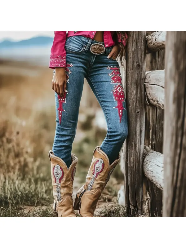 Western Vintage Style Faux Denim Aztec Print Women's Casual Pants - Ootdmw.com 