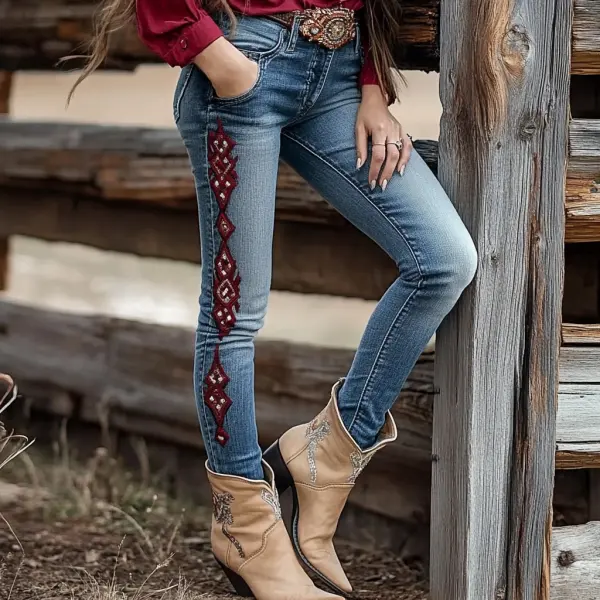 Western Vintage Style Faux Denim Aztec Print Women's Casual Pants - Ootdyouth.com 