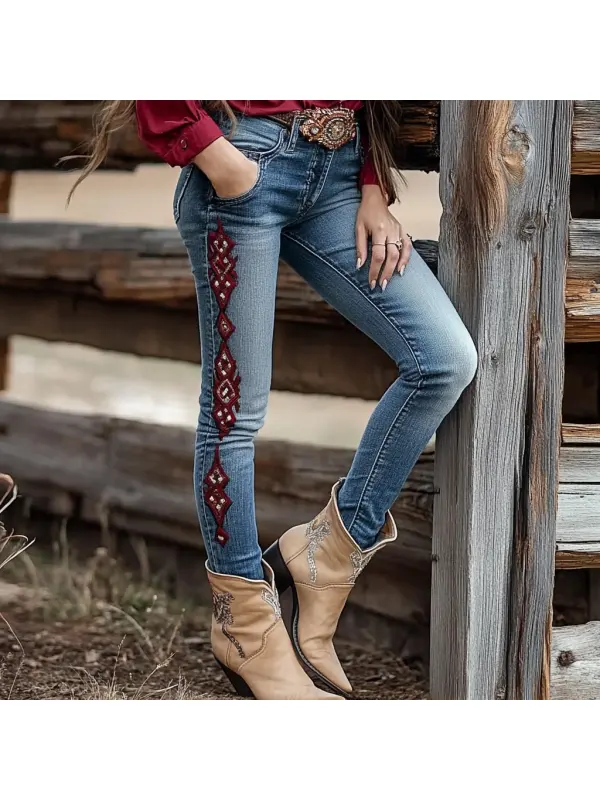 Western Vintage Style Faux Denim Aztec Print Women's Casual Pants - Ootdmw.com 