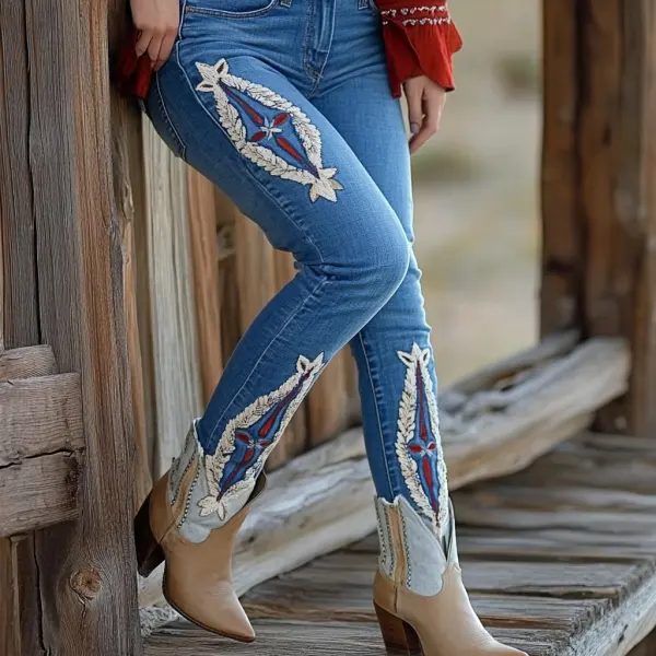 Western Vintage Style Faux Denim Aztec Print Women's Casual Pants - Ootdyouth.com 
