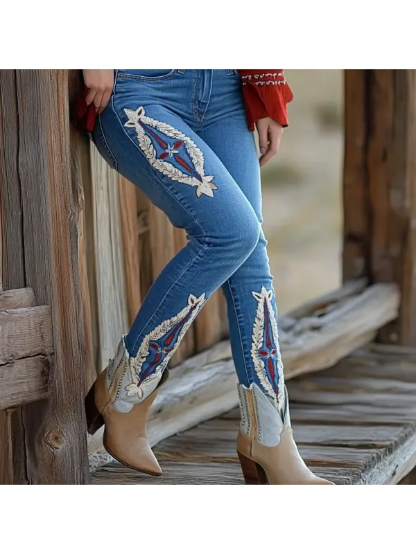 Western Vintage Style Faux Denim Aztec Print Women's Casual Pants - Ootdmw.com 