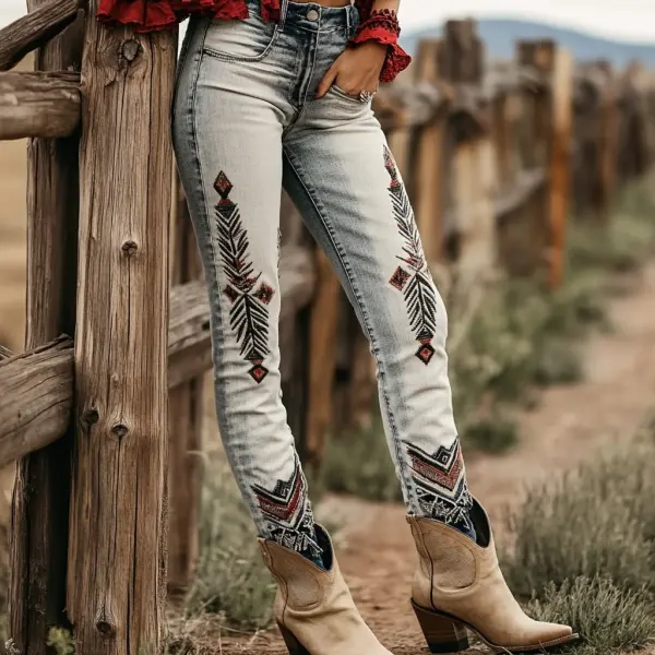 Western Vintage Style Faux Denim Aztec Print Women's Casual Pants - Ootdyouth.com 