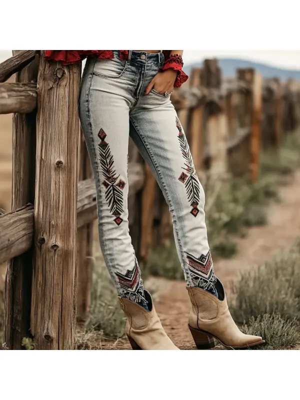 Western Vintage Style Faux Denim Aztec Print Women's Casual Pants - Ootdmw.com 