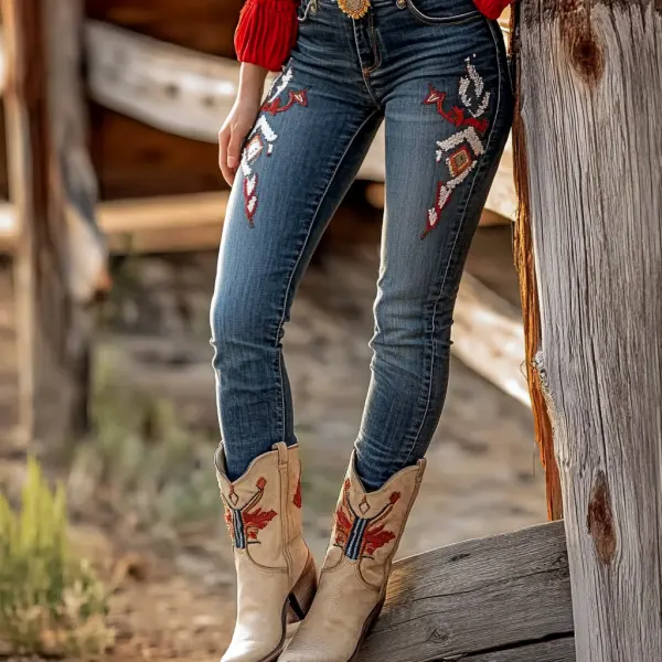 Western Vintage Style Faux Denim Aztec Print Women's Casual Pants - Ootdyouth.com 