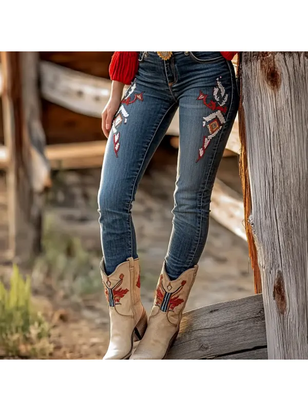 Western Vintage Style Faux Denim Aztec Print Women's Casual Pants - Ootdmw.com 