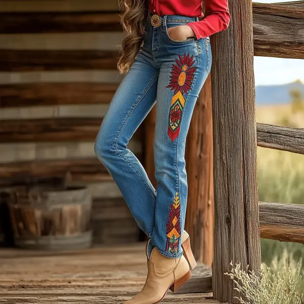 Western Vintage Style Faux Denim Aztec Print Women's Casual Pants - Ootdyouth.com 