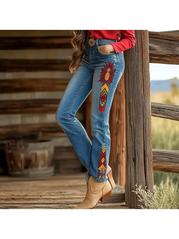 Western Vintage Style Faux Denim Aztec Print Women's Casual Pants - Ootdmw.com 