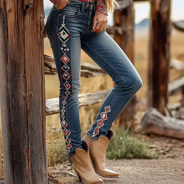Western Vintage Style Faux Denim Aztec Print Women's Casual Pants - Ootdyouth.com 