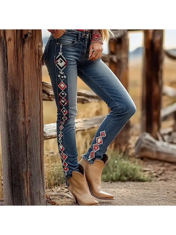Western Vintage Style Faux Denim Aztec Print Women's Casual Pants - Anrider.com 