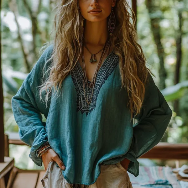 Bohemian Resort Vintage Linen Print Casual Long Sleeve Top - Cotosen.com 