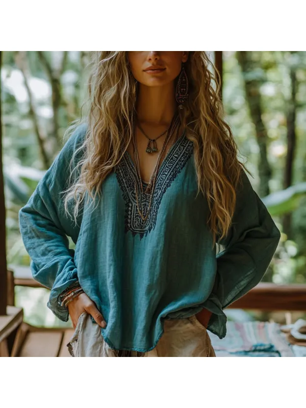 Bohemian Resort Vintage Linen Print Casual Long Sleeve Top - Cominbuy.com 