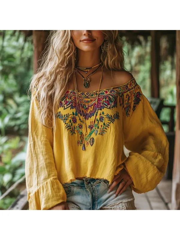 Bohemian Resort Vintage Linen Print Casual Long Sleeve Top - Cominbuy.com 