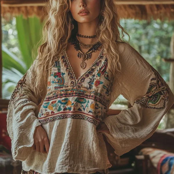 Bohemian Resort Vintage Linen Print Casual Long Sleeve Top - Cotosen.com 