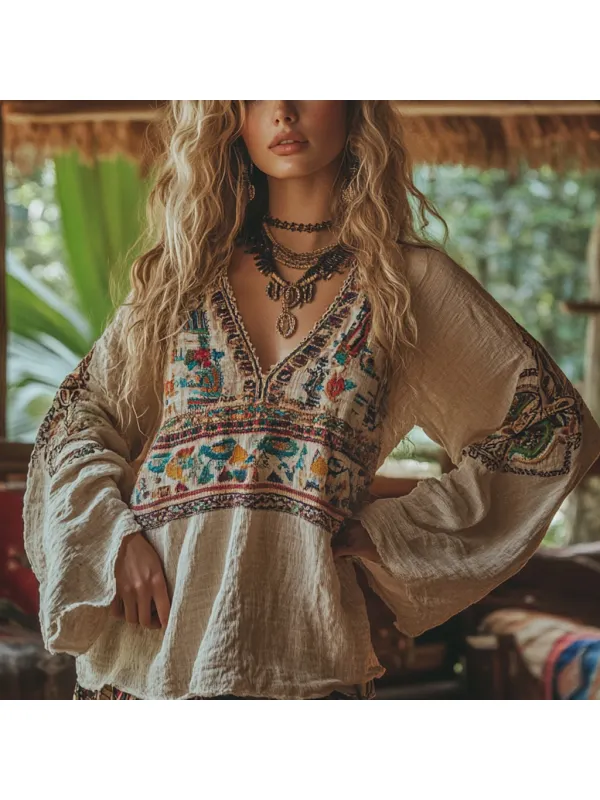 Bohemian Resort Vintage Linen Print Casual Long Sleeve Top - Cominbuy.com 