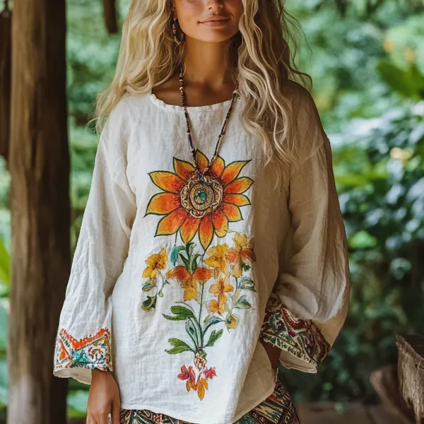 Bohemian Resort Vintage Linen Print Casual Long Sleeve Top - Cotosen.com 