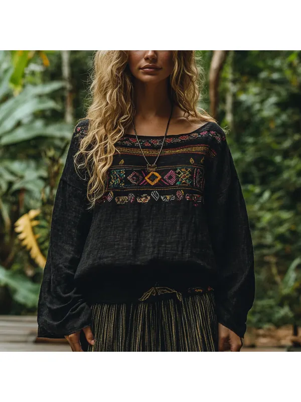 Bohemian Resort Vintage Linen Print Casual Long Sleeve Top - Cominbuy.com 