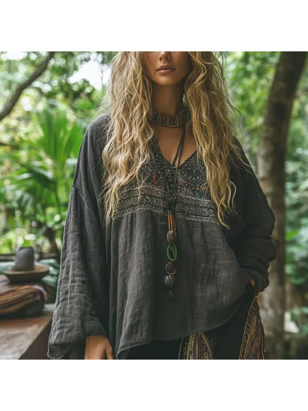 Bohemian Resort Vintage Linen Print Casual Long Sleeve Top - Cominbuy.com 