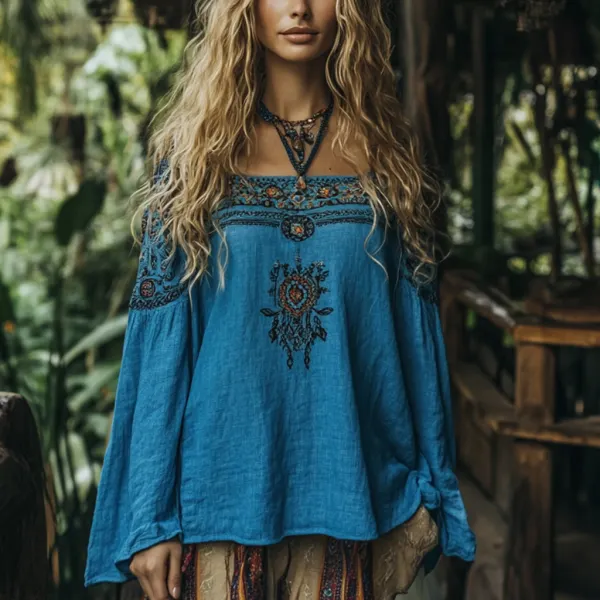 Bohemian Resort Vintage Linen Print Casual Long Sleeve Top - Cotosen.com 
