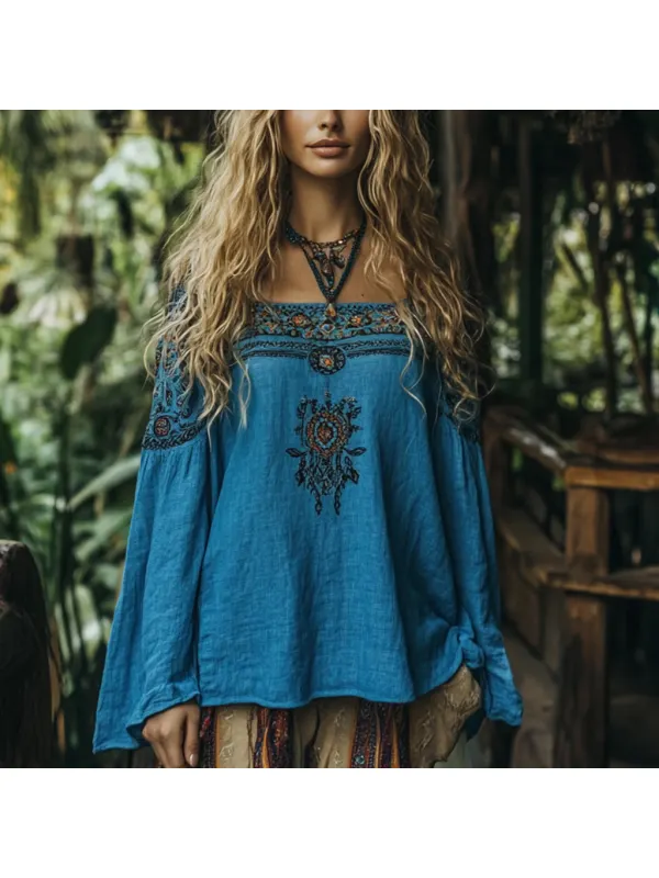 Bohemian Resort Vintage Linen Print Casual Long Sleeve Top - Cominbuy.com 