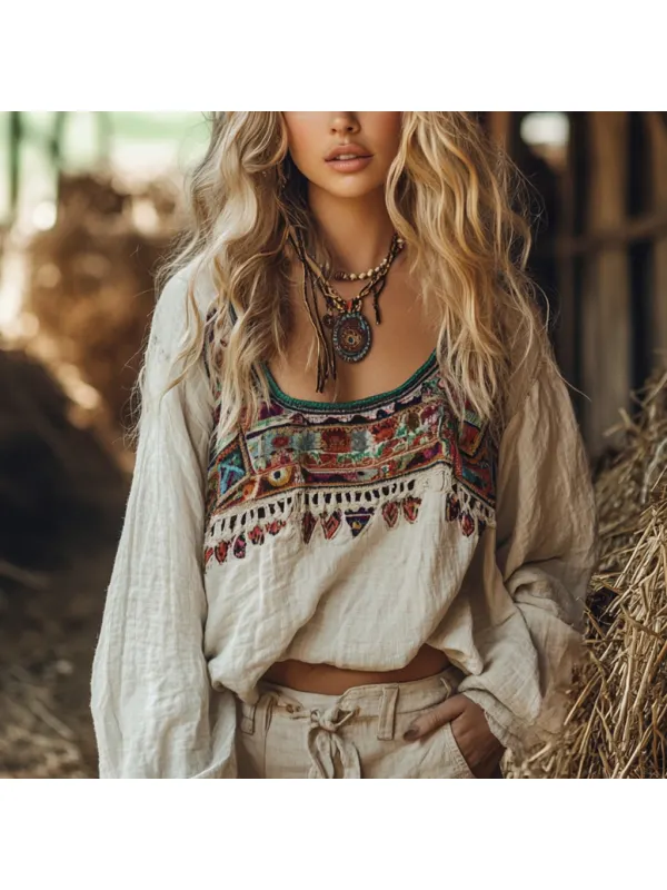 Bohemian Resort Vintage Linen Print Casual Long Sleeve Top - Cominbuy.com 
