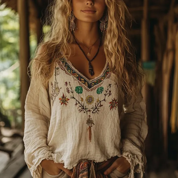 Bohemian Resort Vintage Linen Print Casual Long Sleeve Top - Cotosen.com 