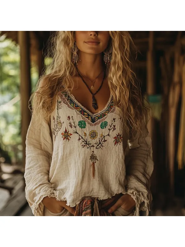 Bohemian Resort Vintage Linen Print Casual Long Sleeve Top - Cominbuy.com 