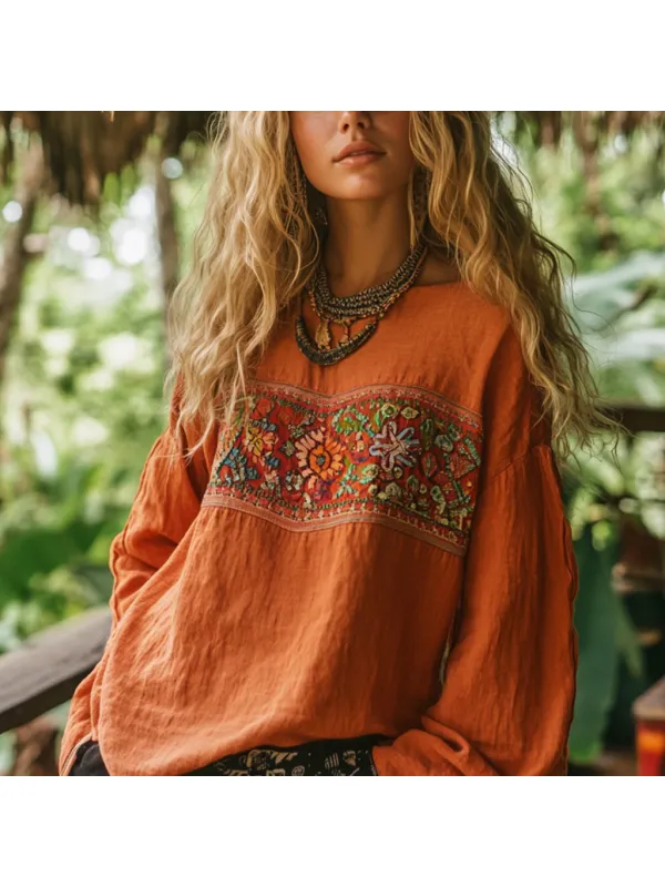 Bohemian Resort Vintage Linen Print Casual Long Sleeve Top - Ootdmw.com 