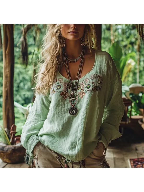 Bohemian Resort Vintage Linen Print Casual Long Sleeve Top - Cominbuy.com 