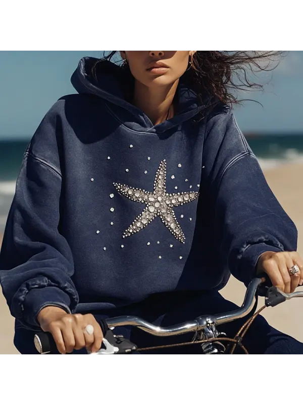 Women's Gypsophila Diamond Rhinestones Surf Starfish Hoodie - Aptkoi.com 