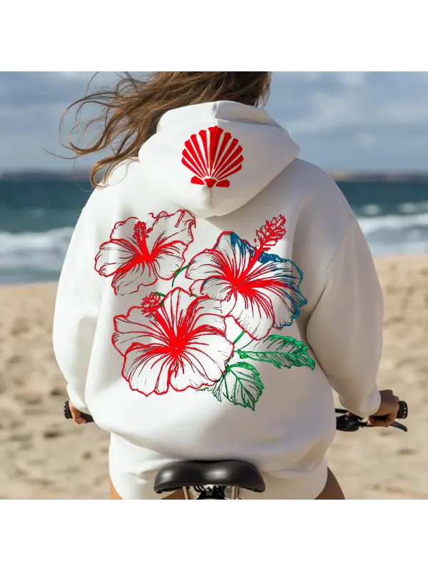 Women's Surf Hibiscus Turtle Hawaiian Vacation Floral Pattern Print Hoodie - Aptkoi.com 