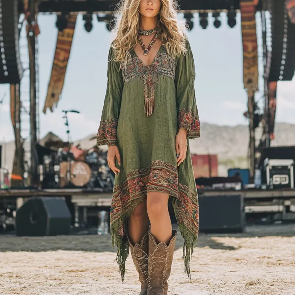 Music Festival Rock Party Carnival Vintage Wasteland Style Ethnic Floral Cotton And Linen Dress - Cotosen.com 