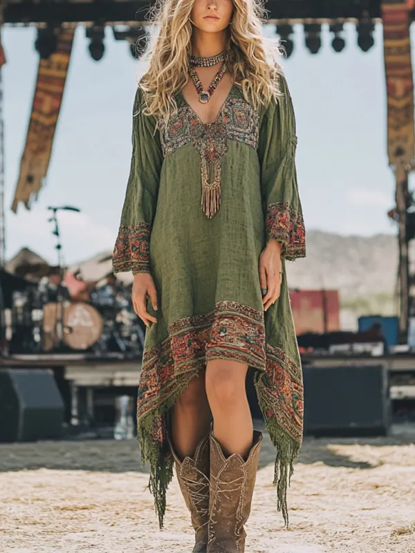 Music Festival Rock Party Carnival Vintage Wasteland Style Ethnic Floral Cotton And Linen Dress - Pragmaace.com 