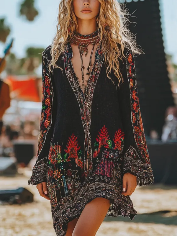 Music Festival Rock Party Carnival Vintage Wasteland Style Ethnic Floral Cotton And Linen Dress - Pragmaace.com 