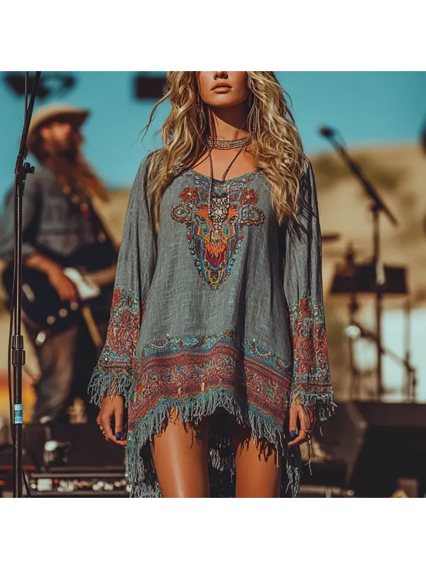 Music Festival Rock Party Carnival Vintage Wasteland Style Ethnic Floral Cotton And Linen Dress - Viewbena.com 