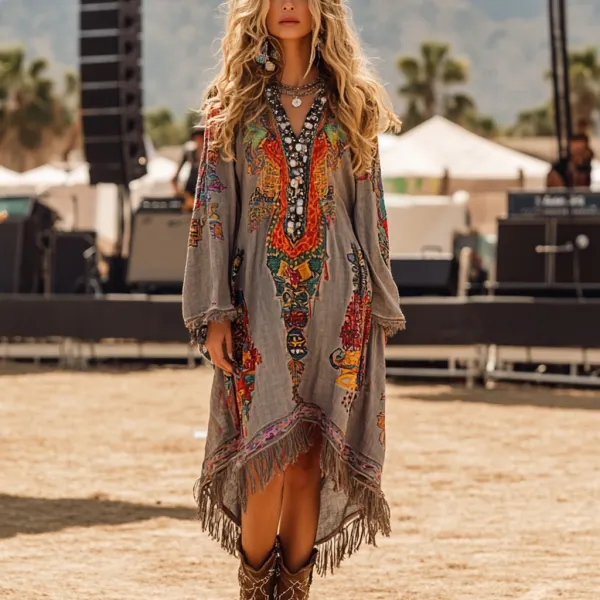 Music Festival Rock Party Carnival Vintage Wasteland Style Ethnic Floral Cotton And Linen Dress - Cotosen.com 