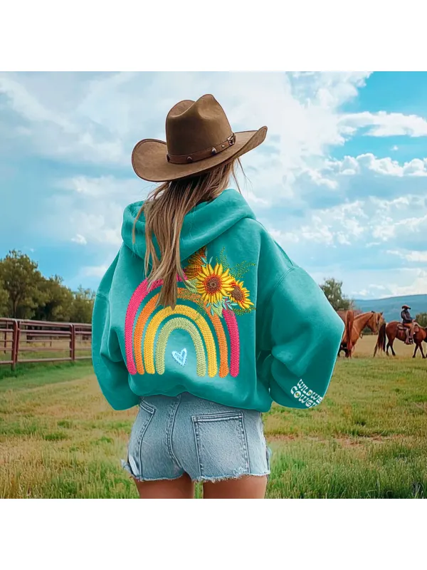 Women's Western CowGirl Color Rainbow Embroidered Hoodie - Aptkoi.com 