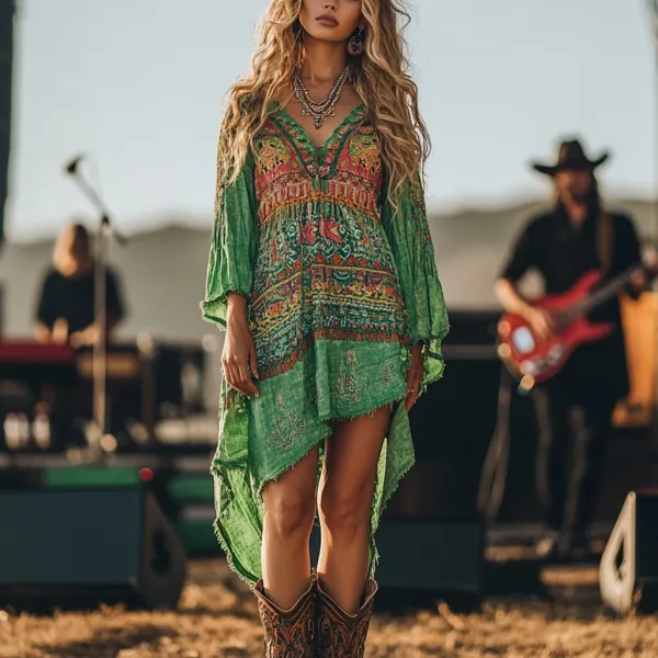 Music Festival Rock Party Carnival Vintage Wasteland Style Ethnic Floral Cotton And Linen Dress - Cotosen.com 