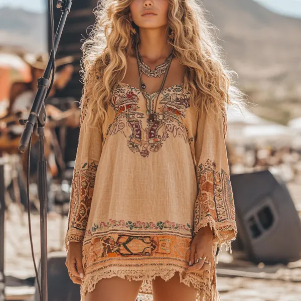 Music Festival Rock Party Carnival Vintage Wasteland Style Ethnic Floral Cotton And Linen Dress - Cotosen.com 