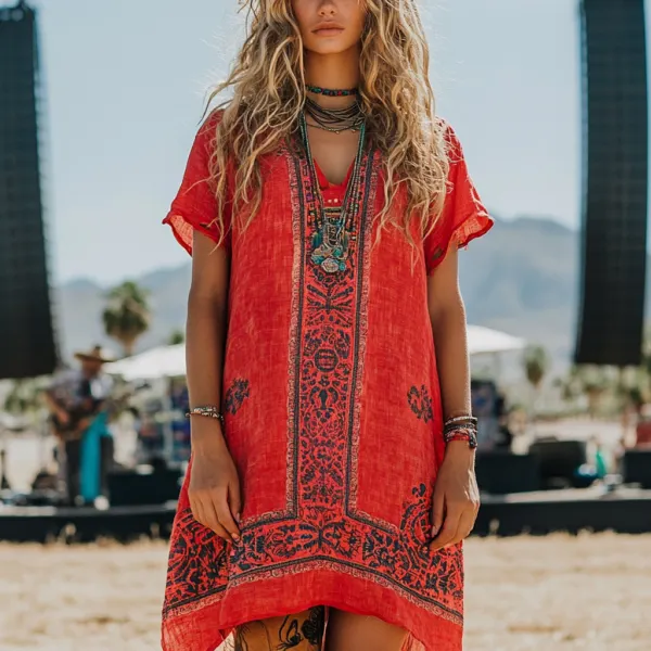 Music Festival Rock Party Carnival Vintage Wasteland Style Ethnic Floral Cotton And Linen Dress - Cotosen.com 