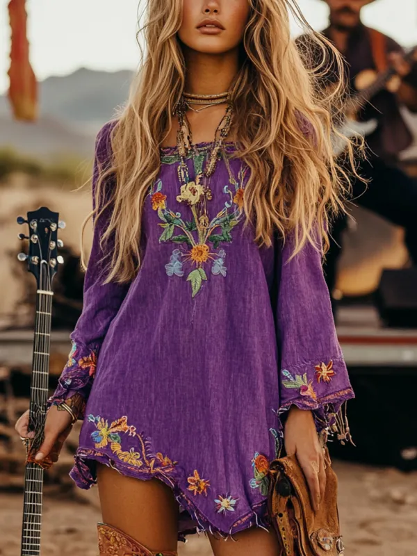 Music Festival Rock Party Carnival Vintage Wasteland Style Ethnic Floral Cotton And Linen Dress - Pragmaace.com 