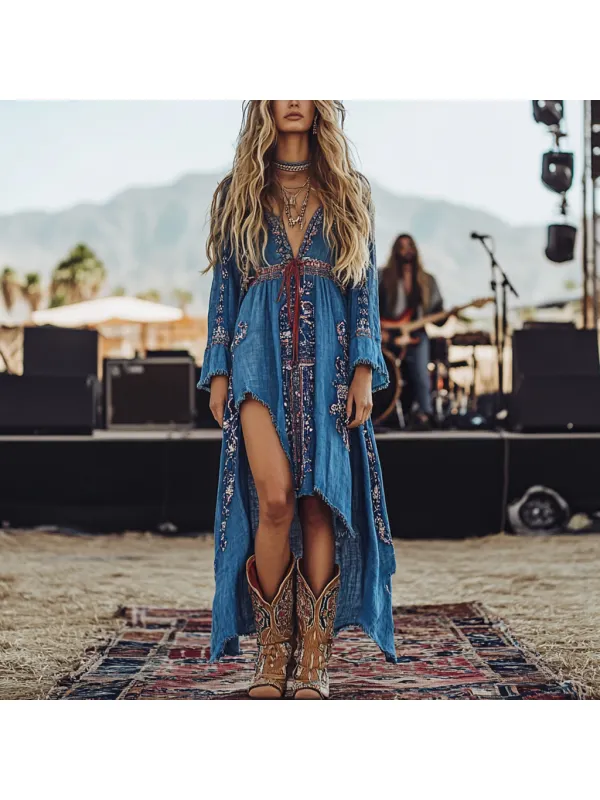 Music Festival Rock Party Carnival Vintage Wasteland Style Ethnic Floral Cotton And Linen Dress - Ootdmw.com 