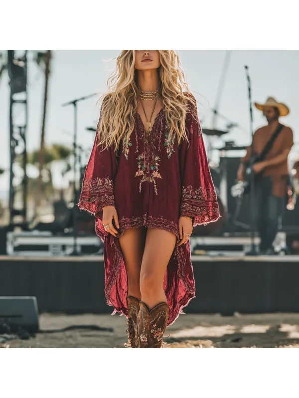 Music Festival Rock Party Carnival Vintage Wasteland Style Ethnic Floral Cotton And Linen Dress - Cominbuy.com 