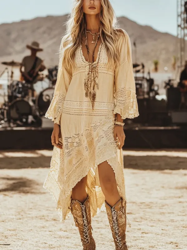 Music Festival Rock Party Carnival Vintage Wasteland Style Ethnic Floral Cotton And Linen Dress - Pragmaace.com 