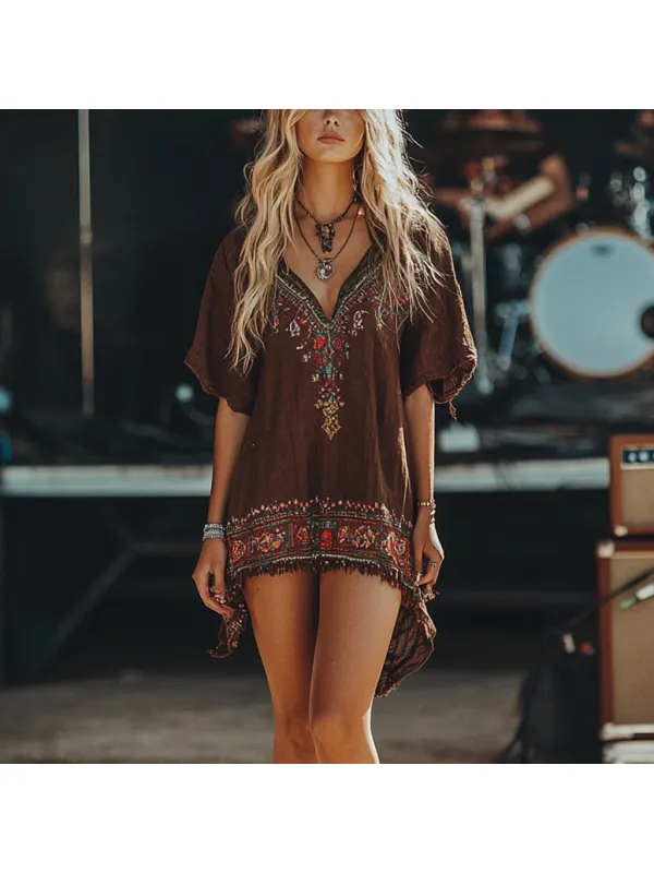 Music Festival Rock Party Carnival Vintage Wasteland Style Ethnic Floral Cotton And Linen Dress - Ootdmw.com 