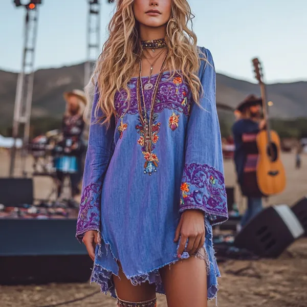Music Festival Rock Party Carnival Vintage Wasteland Style Ethnic Floral Cotton And Linen Dress - Cotosen.com 