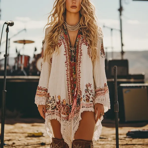 Music Festival Rock Party Carnival Vintage Wasteland Style Ethnic Floral Cotton And Linen Dress - Cotosen.com 