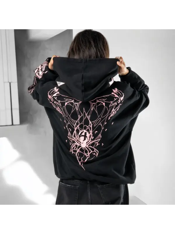 Women's Embroidery Casual Oversized Rubber & Gum Hoodie Black - Aptkoi.com 