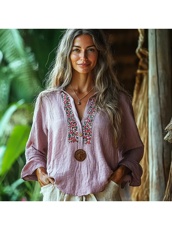 Women's Linen Mini Floral Paneled Casual Shirt - Realyiyi.com 